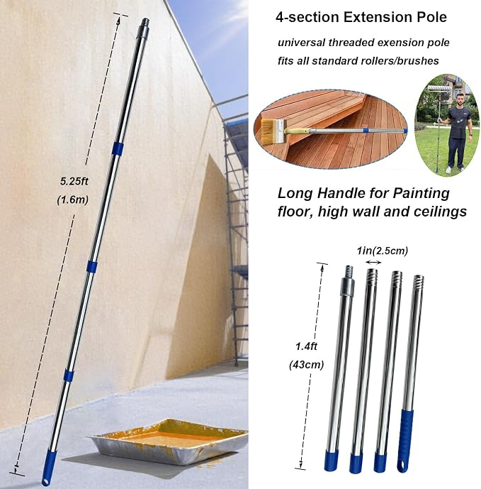 Paint Roller Kit with Extension Pole Adjustable Frame 12 Inch 18 Inch Microfiber Covers, Extra-Large Stain Roller Brush Tray Liner Set for Walls Ceilings Interior Exterior Painting