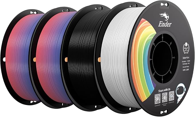 Creality PLA+ Filament 1.75mm 4KG, 3D Printer Filament 4 Pack 1kg Cardboard Spool, Strong Toughness,Multi-Color 3D Printing Filament for Most FDM Printers(Black White 2 Rainbow)