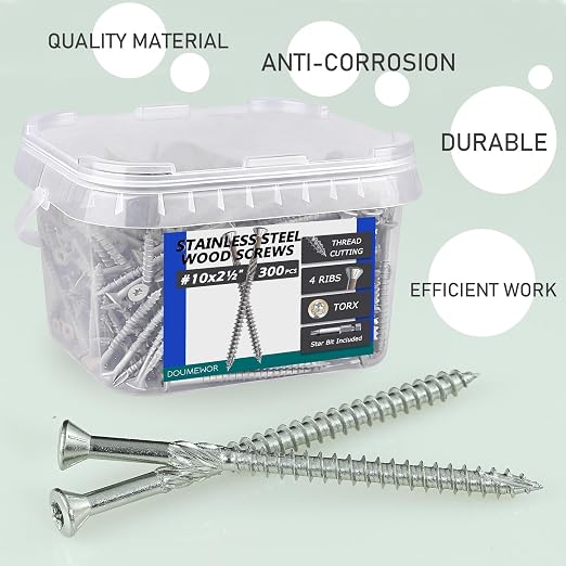 300pcs 304 Stainless Steel Deck Screws #10 x 2-1/2'' with Star Torx Drive Flat Head | Exterior Wood Structural Screws 2-1/2 Inch Rust Resistant Corrosion Resistance