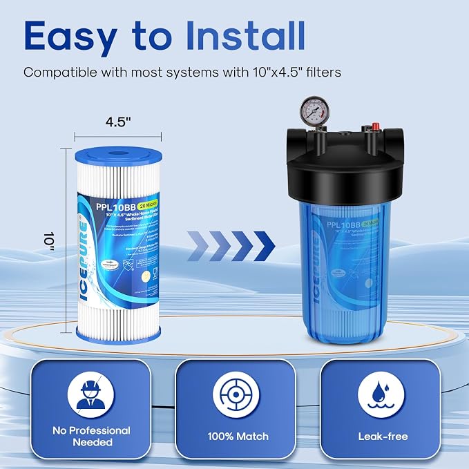 ICEPURE 20 Micron 10" x 4.5" Whole House Extra Coarse Pleated Sediment Filter for Well Water, Replacement Cartridge for GE FXHSC, DuPont WFHDC3001, R50-BB, Culligan R50-BBSA, W50PEHD, 1Pack