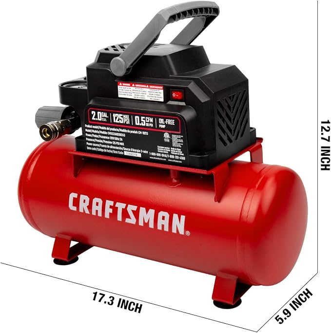 Craftsman Air Tools, 2 Gallon Portable Air Compressor 1/3 HP Oil-Free Max 125 PSI Pressure, Hot Dog, Model: CMXECXA0200243