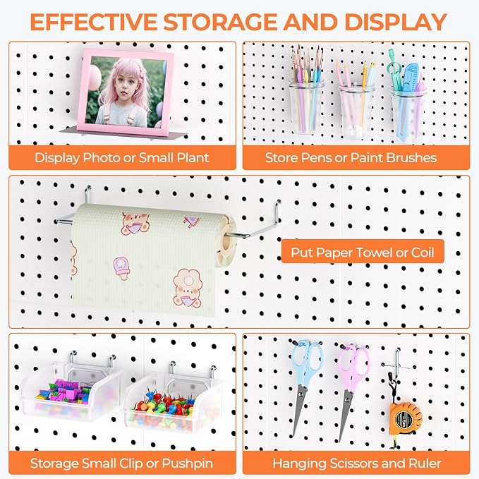 INCLY 90PCS Metal Peg Board Kit with 1/4" Pegboard Accessories, 6 Pack White Peg Board Panels, Bins, Cups and Peg Board Hooks, Paper Towel Holder,Pegboard Wall Organizer for Craft Room, Office, Sewing