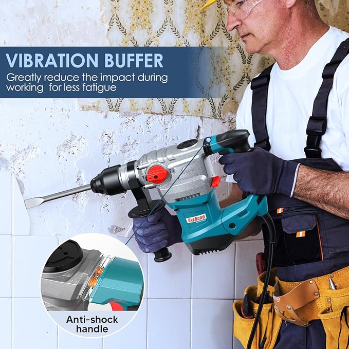 ENEACRO 1-1/4 Inch SDS-Plus 13 Amp Heavy Duty Rotary Hammer Drill | Safety Clutch, 4 Functions, Vibration Control, Includes Grease, Chisels & Drill Bits, With Case
