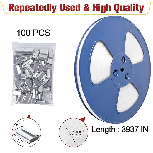 Heavy Duty Banding Strapping Kit with Tensioner Tool, 0.55" x 3937" Polypropylene Packaging Strapping Roll, 100 Metal Seals Sealer Tool for Pallets, Logistics, Warehouse (Red)