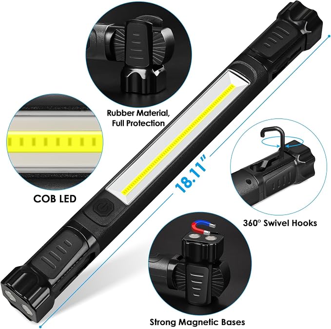 Ropelux Mechanic Work Light Bar with 2500LM 5200mAh Battery, Black 2 Pcs | 2-Level Brightness, 7500K Cool White, 4-10 Hours Runtime, Magnetic Bases, Hooks, 360° Rotating, Rechargeable, Tool Gift