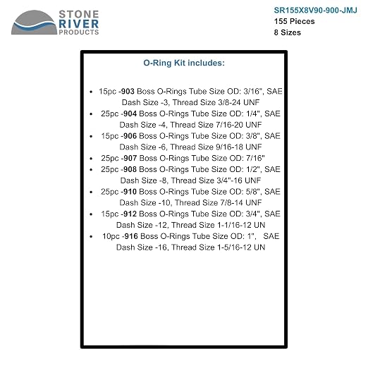 Stone River Products SAE Boss O-Ring Kit – 155 Piece, 8 Sizes, Fluorocarbon FKM (Viton® Equivalent) 90 Duro – 900 Series Straight Thread Tube Fittings