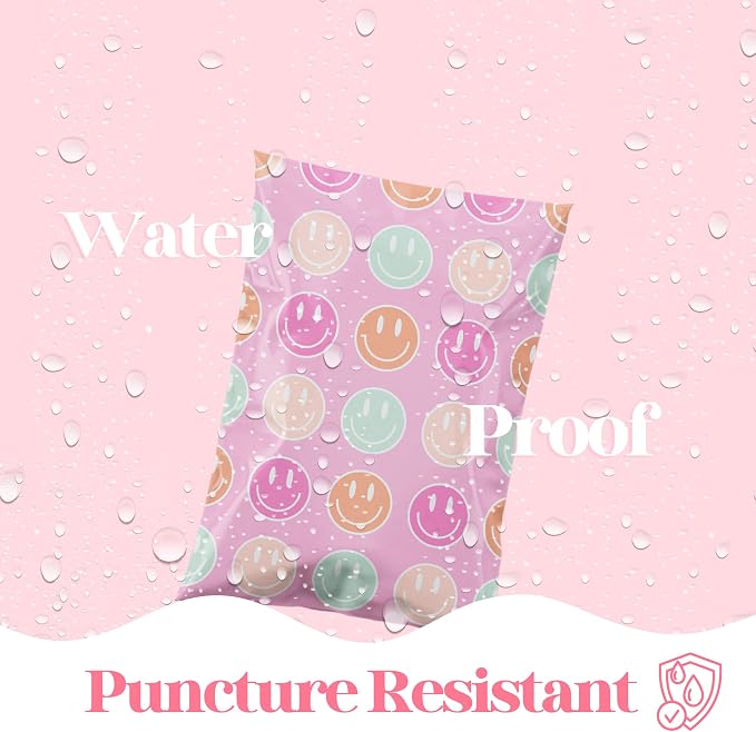 Pretty Package Store Designer Poly Mailers 6x9, Smiley Face, 100 Pack | Heavy Duty, Waterproof, Self Seal, Tear Resistant, Shipping Bags for Small Business Packaging, Bulk Mailing Envelopes