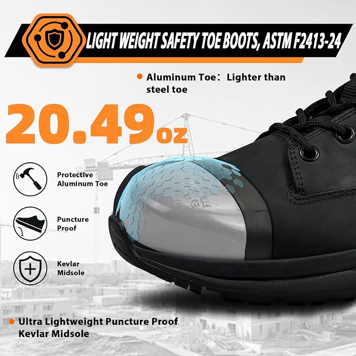 Men Work Boots 6 Inch Lightweight - ESD Shoes, Aluminum Alloy Toe and Puncture Proof ASTM 2413, Oil and Slip Resistant, Premium Water Resistant Genuine Leather Industrial Safety Boot