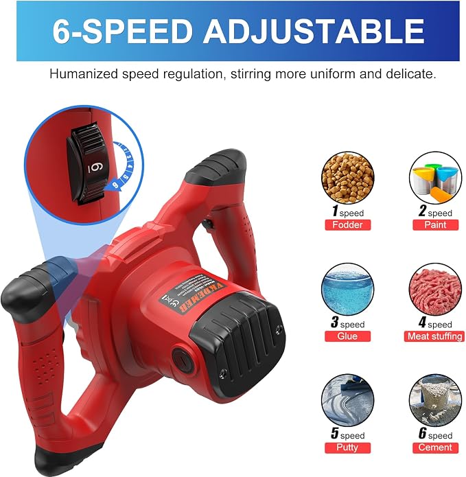 Electric Handheld Cement Mixer, 2pcs Mixing Heads Included, Portable Mortar Mixer with 6 Adjustable Speed, 110V Mud Mixer for Mixing Plaster,Cement, Paint, Fodder