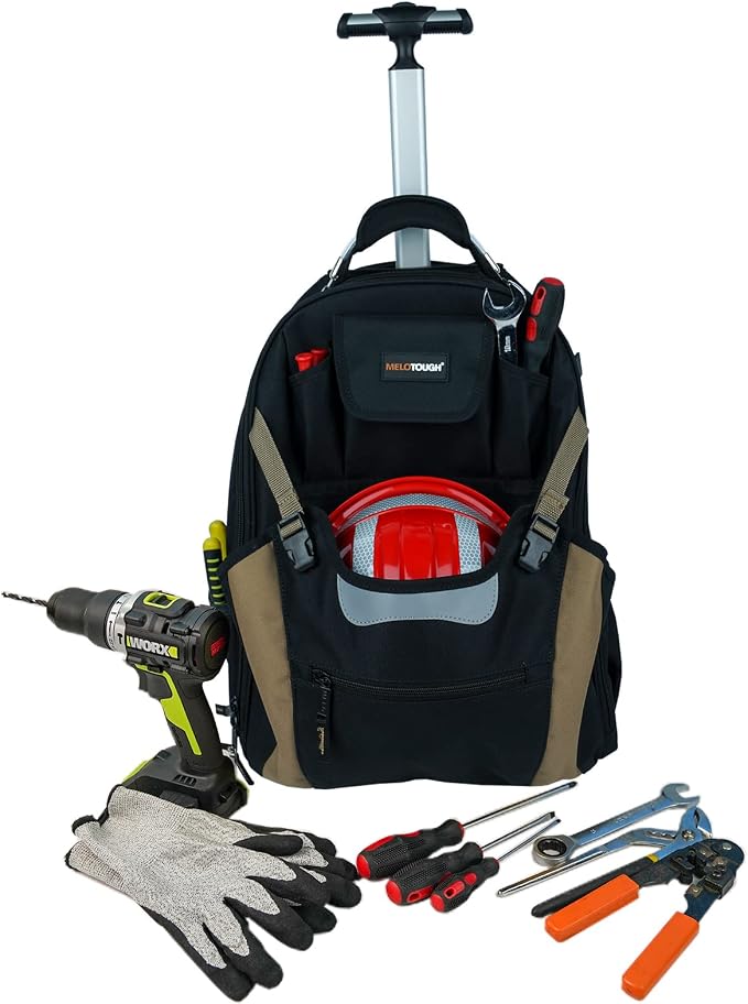 MELOTOUGH Wheeled Rolling Tool Backpack – Heavy-Duty Tool Bag with Wheels, 26-Pocket Organizer for Electricians, Carpenters, HVAC & Welders (Khaki)