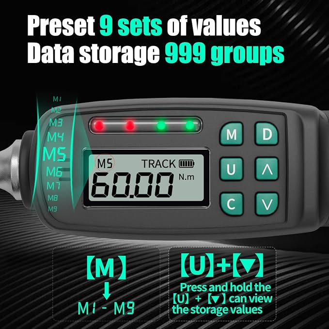3/8" Digital Torque Wrench 1.33-44.25 ft-lb/1.8-60 Nm, ±2% Accuracy, LED & Buzzer Alerts, 4 Units, Industrial CR-V Steel, Calibration Report & Protective Case for Car, Motorcycle, Bike Repair