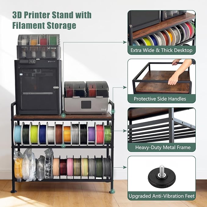 3D Printer Stand with Filament Storage 31.5"x21.6" Printer Table | Wobble-Free, 60 Filament Capacity, I-Beam Reinforced Structure, Anti-Vibration Feet, for Workshop Studio Office
