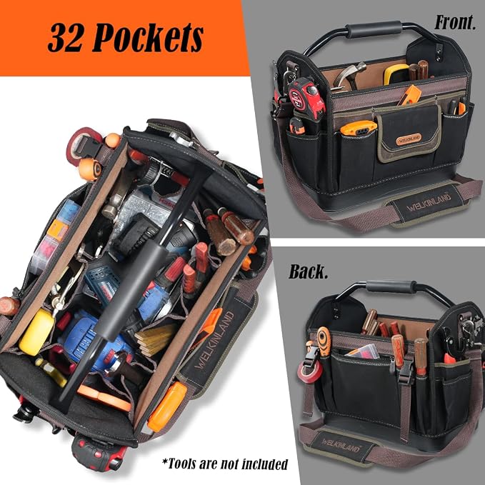 WELKINLAND 16'' Hard-Bottom Tool Tote, 32-Pocket Electrician Tool Bag, Waxed-Canvas HVAC Bag, Stay-Up Open Top Tools Tote, Quick-Access Totes For Electrician, Heavy-Duty Tools Bags For Men