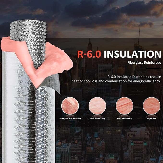 4 Inch Insulated Flexible Duct,HVAC Insulation Duct,25 Feet Insulated Duct,4 in Insulated Duct Hose, R6.0 Air Flexible Duct Aluminum Hose 4''25' Long,for HVAC Flex Ductowrk