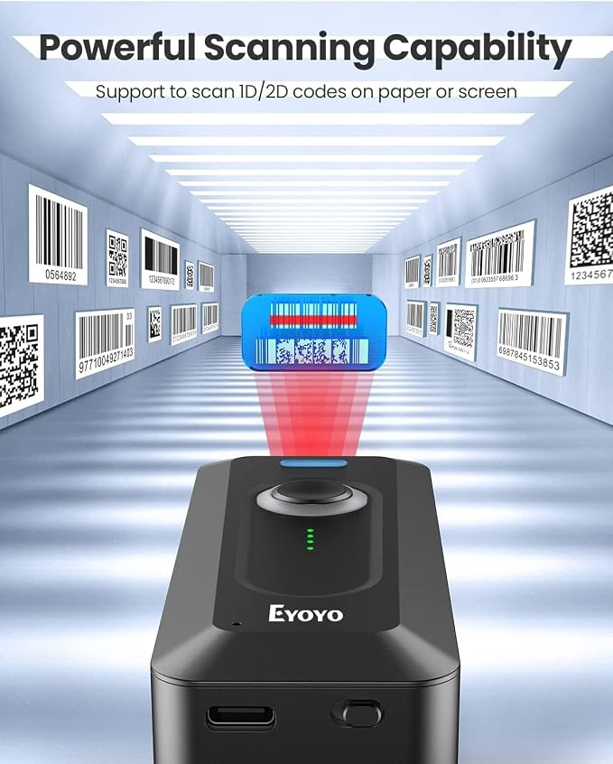 Eyoyo 2D Bluetooth Barcode Scanner Wireless with Clip, 2000mAh Battery with Level Indicator, Portable Mini QR Bar Code Reader for Library Book Inventory Compatible with iPhone, iPad, Android Phone