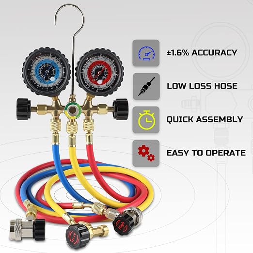 Lichamp AC Gauges R134a R22 R12 R502 A/C Diagnostic Manifold Gauge Set with 5FT Hose and 4.5 cfm 1/3 HP HVAC Single Stage Vacuum Pump for R134a R410a R22 R12