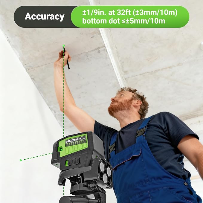 HUEPAR 5 Point Self Leveling Laser Alignment Tool with Plus Mode (98-165Ft), Laser Plumb Dots Level with 360° Magnetic Base Includes 2 AA Batteries & Hard Carrying Case - PL500G