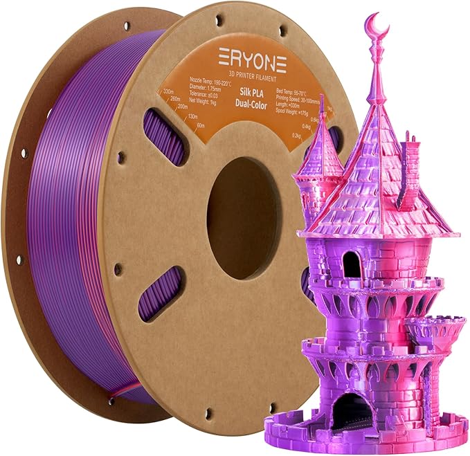 ERYONE Silk Dual Color PLA Filament 3D Printer 1.75mm +/- 0.03mm, Bicolor Filament Two Tone PLA 1KG(2.2lbs) Cardboard Spool, Orange Red&Purple
