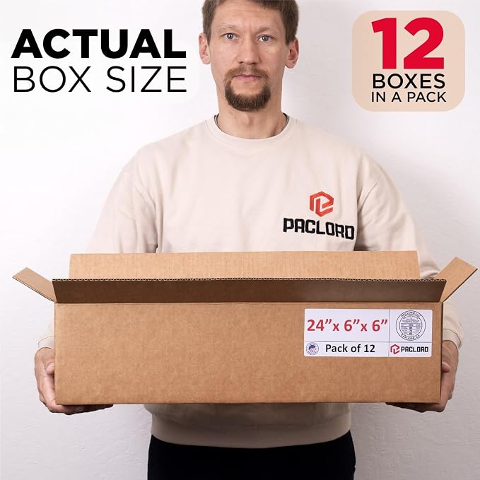 Long Cardboard Boxes 24"L x 6"W x 6"H (Pack of 12) - USA-Made Packing Boxes for Moving, Shipping, or Storage - USPS, UPS, FedEx Approved - Professional Packing Supplies for Moving | USA-Made Packing Boxes for Moving, Shipping, or Storage - USPS, UPS, F...