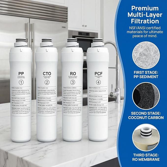ROPOT 4-Pack Replacement Filter Set Compatible with Bluevua RO100ROPOT RO100ROPOT-UV RO System (1 PP, 1 CTO, 1 RO, 1 PCF)