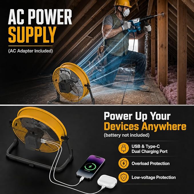 12" Battery Operated Floor Fan Compatible with Dewalt 20V Max Battery, Portable Fan with AC Adapter and USB Output, Metal Industrial High Velocity, Stepless Speed Cordless Fan for Jobsite Garage