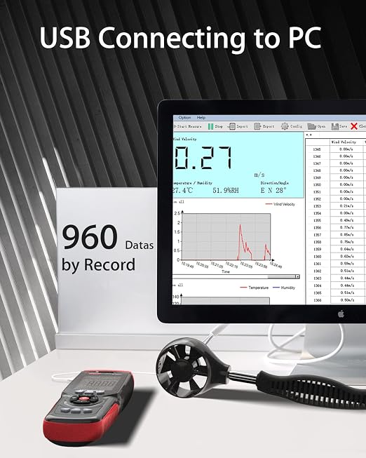 Wintact Digital Anemometer CFM/CMM, Weather Station Wind Speed Meter Gauge Measuring Air Velocity, Wind Volume, Wind Direction, Ambient Temperature, Humidity with Data Logger for HVAC Duct, Outdoor