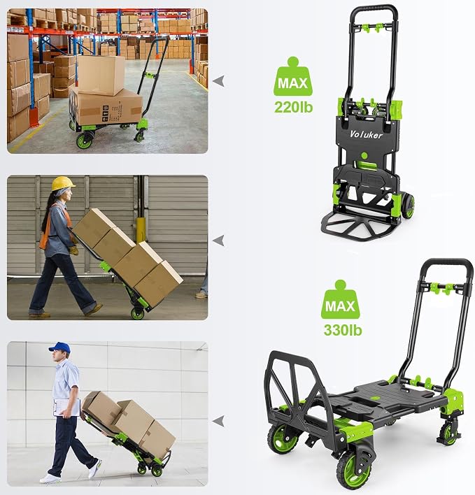 330LB Folding Hand Truck Moving Dolly, Hand Trucks Heavy Duty Combination of 4 Wheels and 2 Wheels Convertible Dolly Cart with Retractable Handle Dolly for Moving Office Carts(Green)