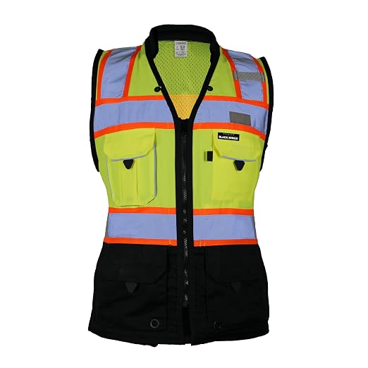 Kishigo Women's High Visibility Reflective Premium Black Series Heavy Duty Surveyors Vest S5021, Zipper Closure, Polyester, ANSI 107 Type R/Class 2, Multiple Pockets for Tools (Lime/Black, 2X)