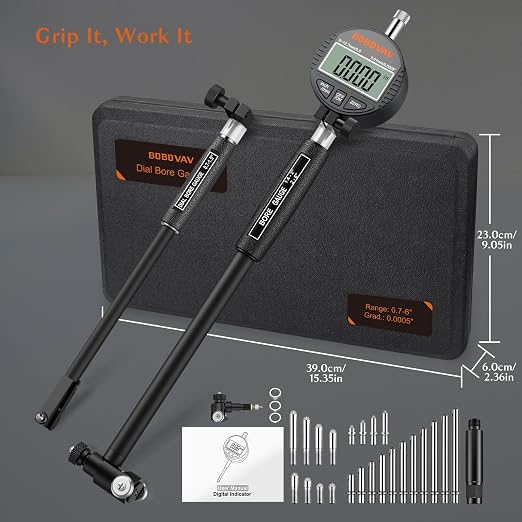 Digital Dial Bore Gauge Set - 0.7-6 Inch Range, 0.0005" Precision, No Disassembly for Measurement, 23pcs Anvils, Self-Centering for Industrial Manufacturing and Deep Cylinder Measurement