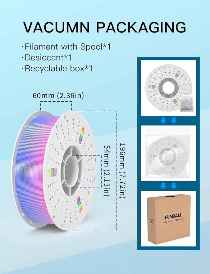 PINBALL Silk Rainbow PLA 3D Printer Filament 1.75mm Shiny Multi-Color Changing Filament 3D Printing PLA Filament Dimensional Accuracy +/- 0.02mm 1 KG Silk Rainbow Candy