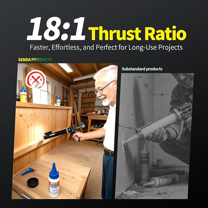 Silicone Sealant Caulking Gun, Heavy Duty Industrial Manual Caulking Gun with LED Light, 19-Bearing Smooth Dripless Caulk Gun, 18:1 Thrust Ratio, Dual Use Sausage & Cartridge (20 oz)