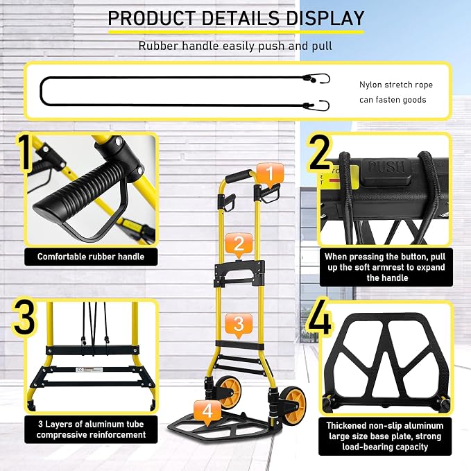 Folding Hand Truck and Dolly, 440lbs Capacity Portable Luggage Dolly Cart with Rubber Wheels and Retractable Handle, Aluminum Foldable Hand Cart for Transportation/Luggage/Mobile/Travel/Office Use
