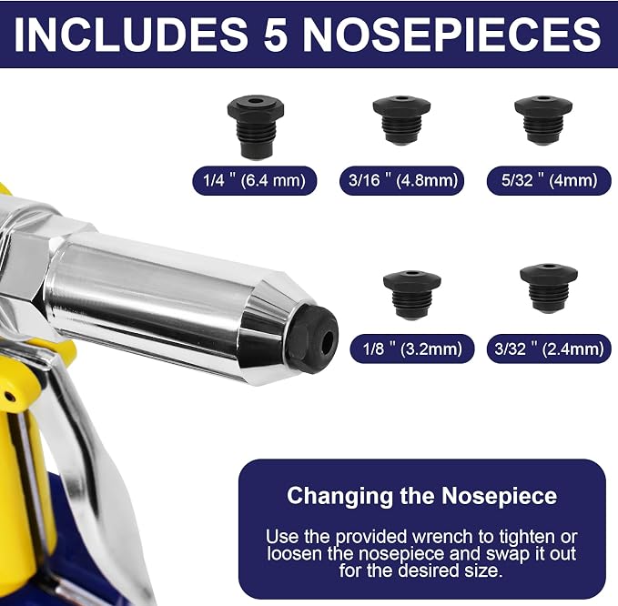 Air Rivet Gun Heavy Duty, 3924 LBF Pneumatic Pop Rivet Gun Kit with 50 PCS Rivets,5 Nosepieces(3/32",1/8", 5/32",3/16",1/4"), Air Hydraulic Riveter for Automotive, Construction, Industrial,Boat Repair
