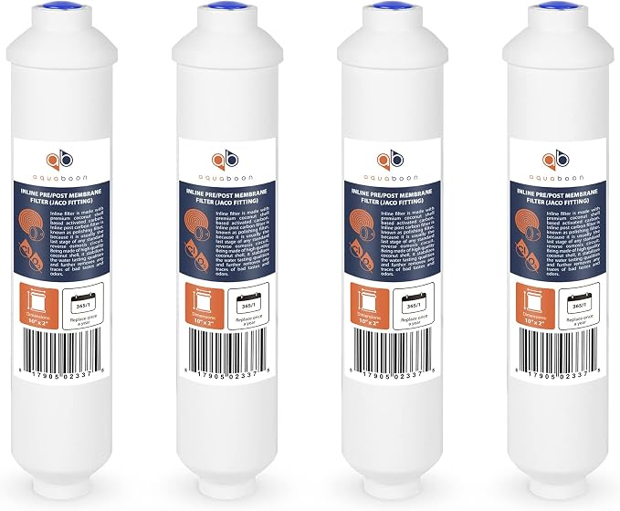 Aquaboon Inline Water Filter for Refrigerator 4-Pack of Inline Post/Carbon Polishing Water Filter Catridge for Reverse Osmosis System Standard Size (Jaco fitting)