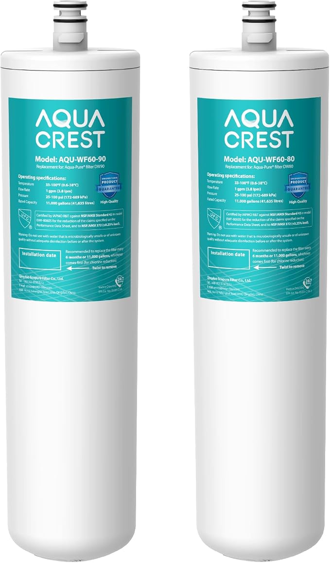 AQUA CREST DW80/90 Under Sink Water Filter, Replacement for Aqua-Pure® AP-DW80/90, AP-DWS1000, Kohler K-201-NA, Kohler K-202-NA, NSF/ANSI 42 Certified, 2 Pack, Model No.WF60-80/90