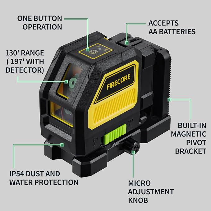 Laser Level with Receiver, Firecore Self-Leveling Cross Line Laser and Receiver Combo Kit for Outdoor, 197ft Working Range, Green Lazer Leveler Tool for Construction, Rod Clamp and Hard Case Included
