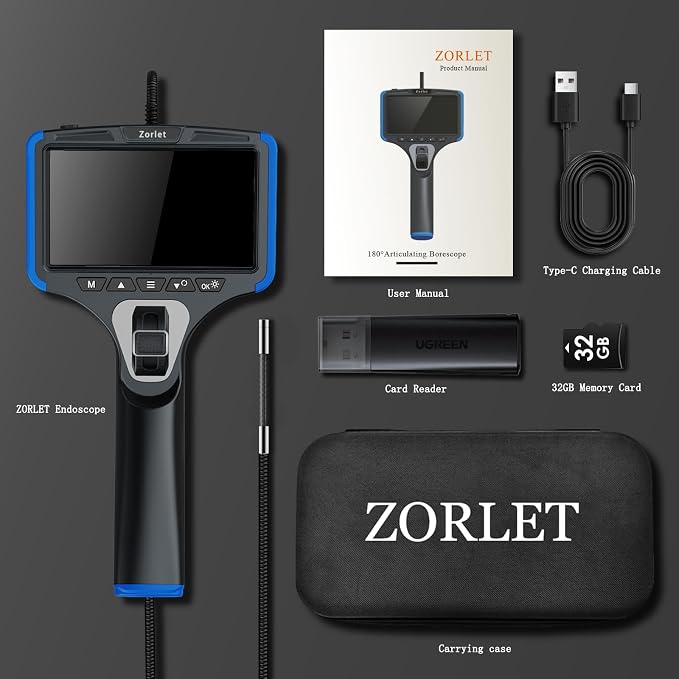 Two-Way Articulating Borescope Camera with Light, Industrial Endoscope Inspection Camera with 0.25 in Slim Articulated Probe, Waterproof Snake Scope for Mechanics & Engine Inspection - 5FT