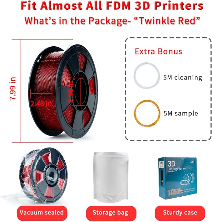 ZIRO 4 Packs Glitter 3D Printer Filament, Twinkle and Diamond Series Bundle, Sparkling Colorful 3D Material, Dimensional Accuracy +/-0.03mm, Fit Most FDM 3D Printer, 2.2lbs x 4 Spool