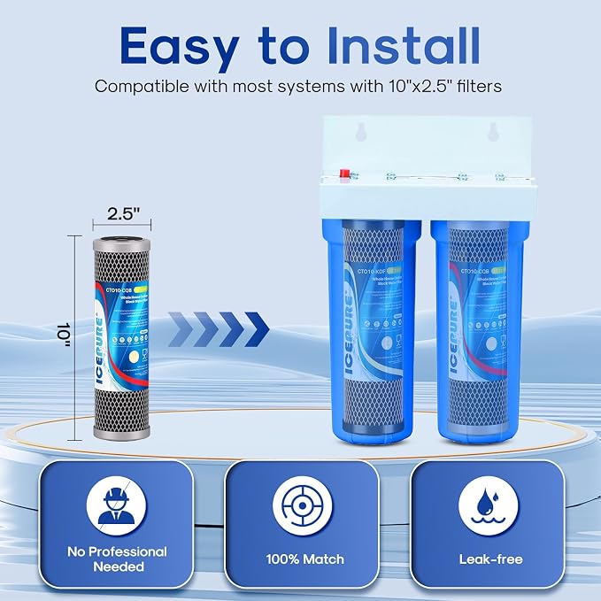 ICEPURE 2.5" x 10" Whole House Water Filter Combo Kit, KDF Filter Cartridge and Upgraded Coconut Shell Activated Carbon Lead Remove Filter Replacement for 10 Inch Water Filter System, 2 Combo