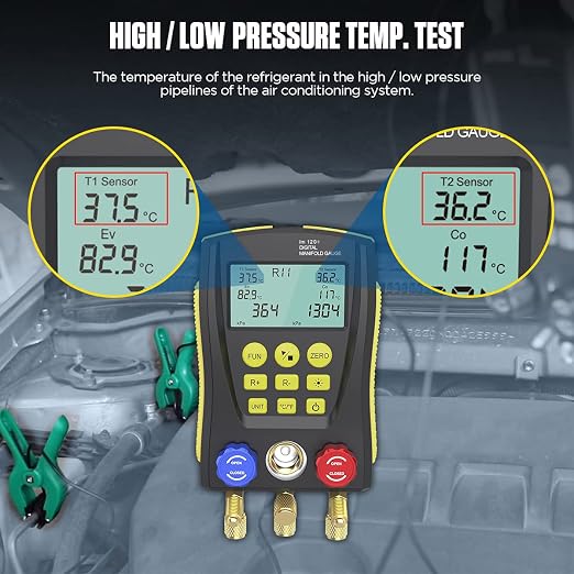 Digital HVAC Manifold Gauge Set,Refrigeration AC Gauges with Thermometer Clamps & Tricolor Hose, Dual Temp & Pressure Sensors for Vacuum & Leak Test,R134a R410a R32 R1234 Refrigerant Recharge Kit