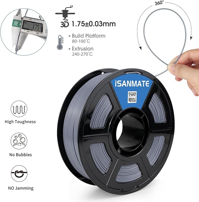 iSANMATE ASA Filament 1.75mm Silver 1KG, UV & Weather Resistant 3D Printer Filament Perfect for Outdoor Functional Parts, Dimensional Accuracy +/- 0.02mm, 1kg Spool (2.2lbs)