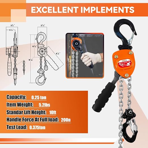 TKK Mini Lever Chain Hoist 1/4 Ton - 550lbs Capacity, 10ft Lift, Safety Hooks - Portable Manual Hoist for Garages, Warehouse, Automotive - Come Along Winch, Ratchet G80 Chain Fall Hoist