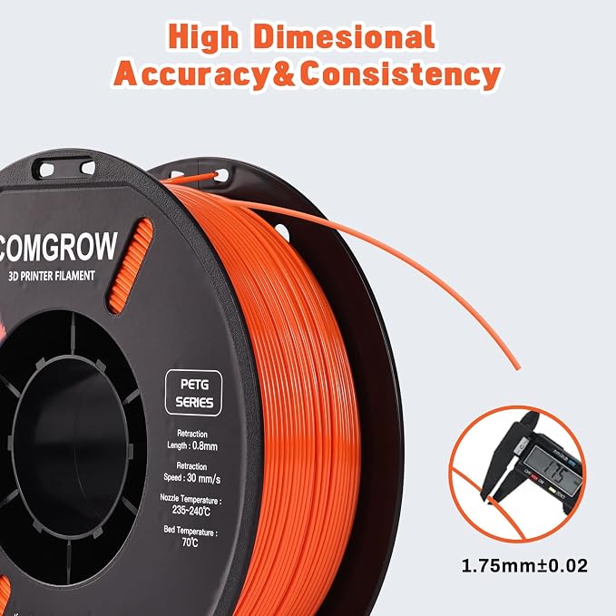 Comgrow PETG 3D Printer Filament 1.75mm, High Precision and Tough 3D Printer Filament 1kg (2.2LBS), Dimensional Accuracy +/- 0.02 mm, Fit Most 3D Printers Orange