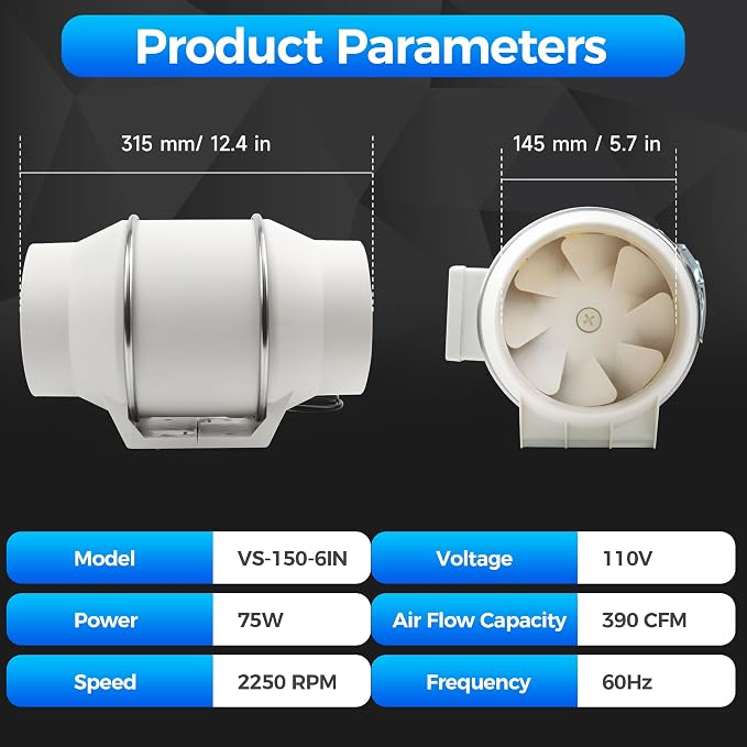 Voltset 6 Inch Duct Fan, Inline Ventilation Exhaust Fan, 390 CFM Duct Intake High Efficiency Air Fan for Vent Bathroom, Kitchen, Grow Tent, Hydroponics, 3D Printer