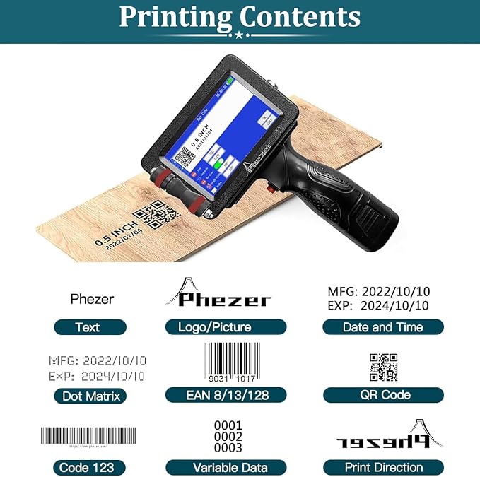 Phezer Upgraded P16 Handheld Inkjet Printer for Flat Surface with Quick-Dry Ink Cartridge, 0.5 Inch Nozzle Coding Machine for Date/Time/Barcode/QR Code/Logo (Support 25 Languages & 3 Print Precision)