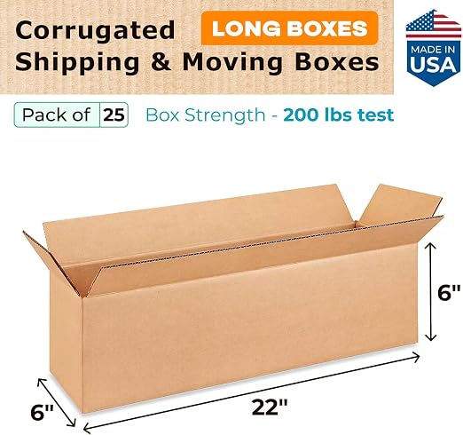 Long Moving & Shipping Boxes 22"L x 6"W x 6"H (25-Pack) - Extra Strength 200 lb vs Regular - USA-Made Corrugated Heavy Duty Packing Box - Heavy Duty Shipping Box - Long Cardboard Box by IDL Packaging