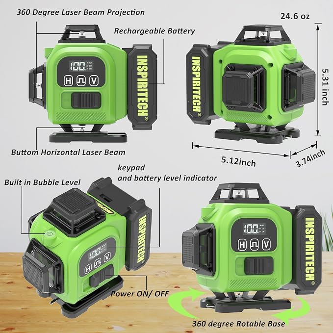 Laser Level 360 Self Leveling with Hard Case & Remote, 4x360 Rechargeable Green Line Laser for Framing Wall Ceiling Floor Tile
