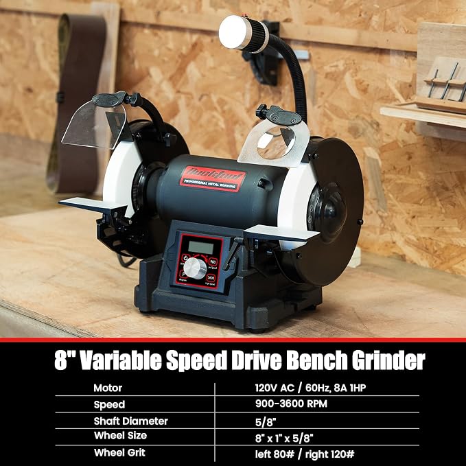 Bucktool 8" VFD Variable Speed Bench Grinder, 1HP Power Professional Wobble-free Wheel Grinder with High/Low Speed Switching for Knife, Metal