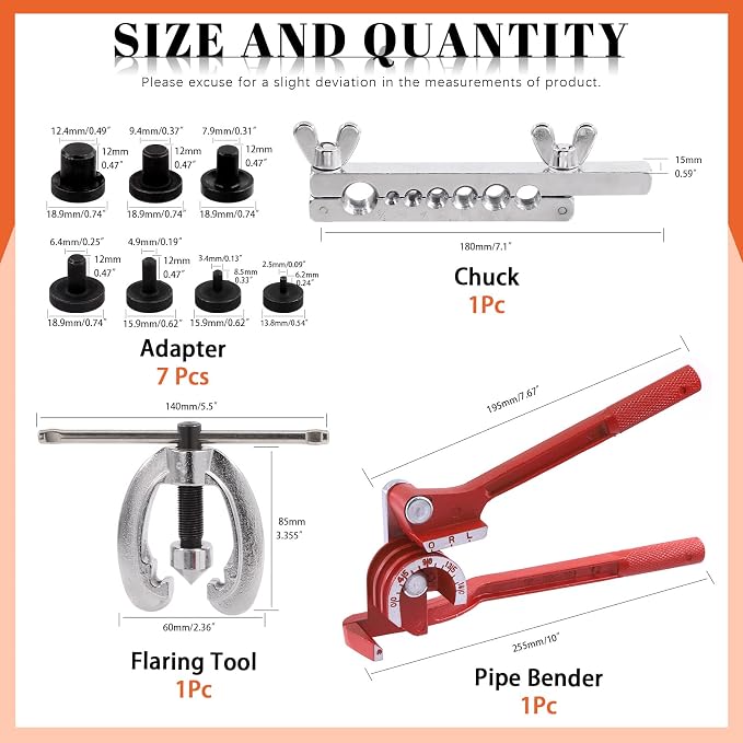 Tanstic 9Pcs Flaring Tool and Tube Bender, 1/2" 7/16" 3/8" 5/16" 1/4" 3/16" 5/8" Line Flaring Tools and 3 In 1 Copper Bender 1/4" 5/16" 3/8" Manual Tubing Bender for Pipe Copper Brass Aluminum