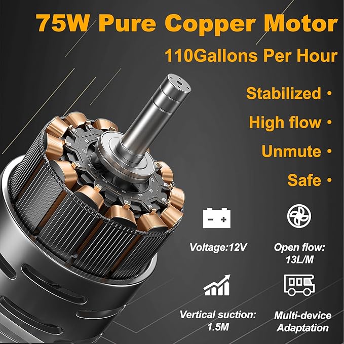 12V 75W Electric Fuel Transfer Pump – Self-Priming, Transfers 110 GPH Gasoline & Diesel, Portable for Cars, Trucks, Boats, Tractors & Farm Equipment